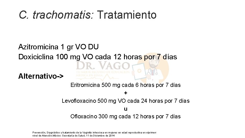 C. trachomatis: Tratamiento Azitromicina 1 gr VO DU Doxiciclina 100 mg VO cada 12 C. trachomatis: Tratamiento Azitromicina 1 gr VO DU Doxiciclina 100 mg VO cada 12