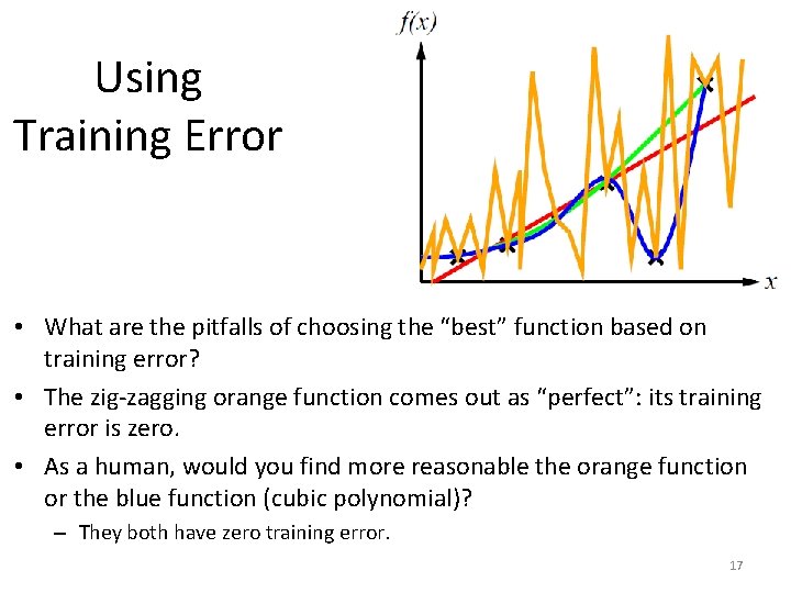 Using Training Error • What are the pitfalls of choosing the “best” function based