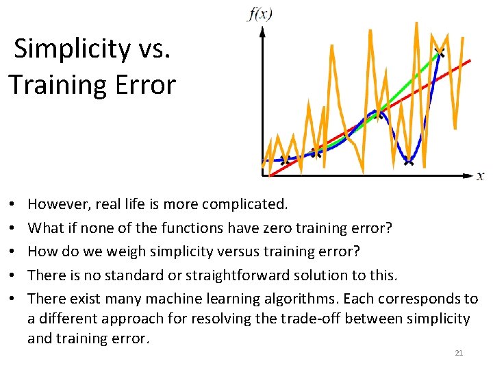 Simplicity vs. Training Error • • • However, real life is more complicated. What