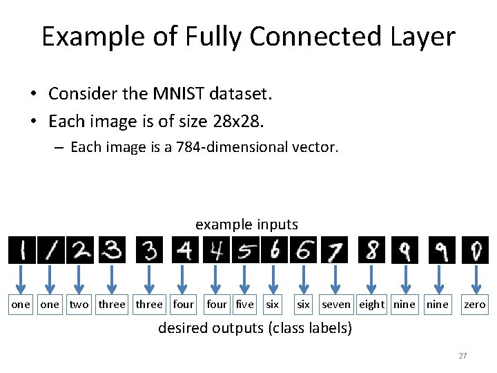 Example of Fully Connected Layer • Consider the MNIST dataset. • Each image is