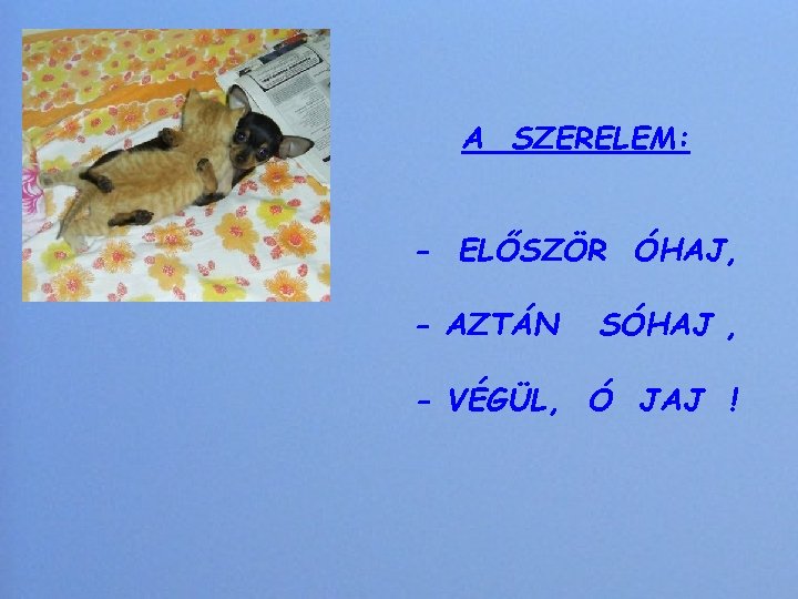 A SZERELEM: - ELŐSZÖR ÓHAJ, - AZTÁN SÓHAJ , - VÉGÜL, Ó JAJ !