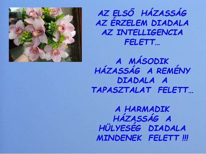 AZ ELSŐ HÁZASSÁG AZ ÉRZELEM DIADALA AZ INTELLIGENCIA FELETT… A MÁSODIK HÁZASSÁG A REMÉNY