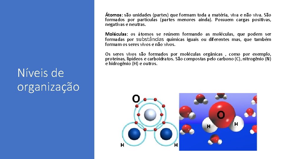 Átomos: são unidades (partes) que formam toda a matéria, viva e não viva. São