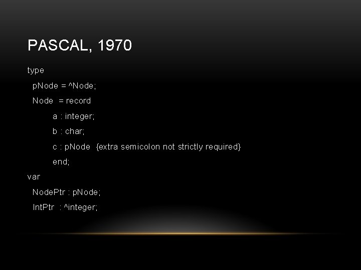 PASCAL, 1970 type p. Node = ^Node; Node = record a : integer; b