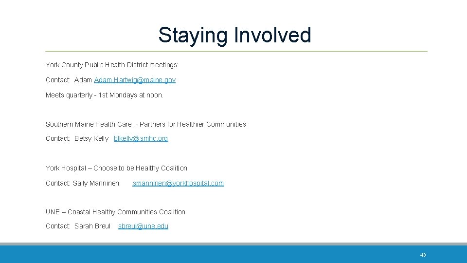 Staying Involved York County Public Health District meetings: Contact: Adam. Hartwig@maine. gov Meets quarterly