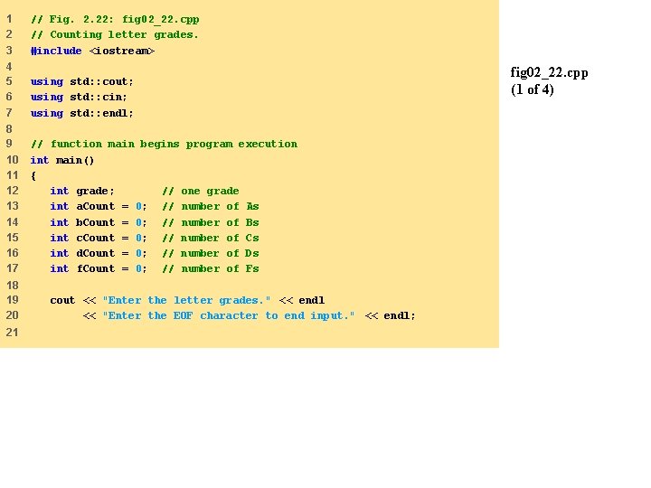 1 2 3 // Fig. 2. 22: fig 02_22. cpp // Counting letter grades.