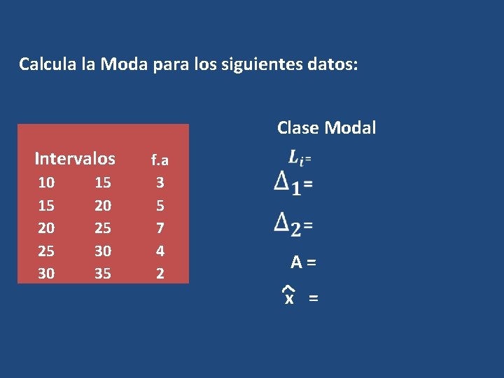 Calcula la Moda para los siguientes datos: Clase Modal Intervalos 10 15 20 25