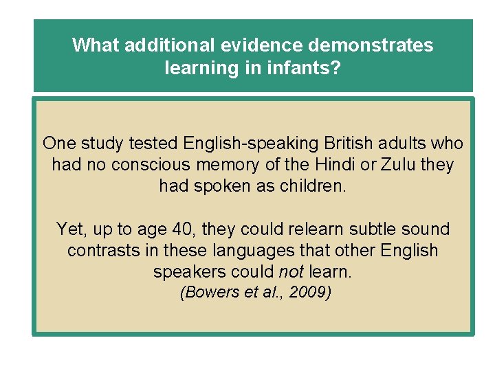 What additional evidence demonstrates learning in infants? One study tested English-speaking British adults who