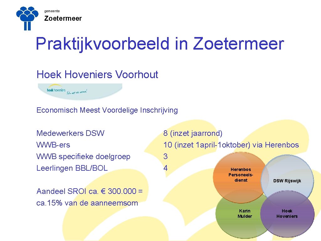 gemeente Zoetermeer Praktijkvoorbeeld in Zoetermeer Hoek Hoveniers Voorhout Economisch Meest Voordelige Inschrijving Medewerkers DSW