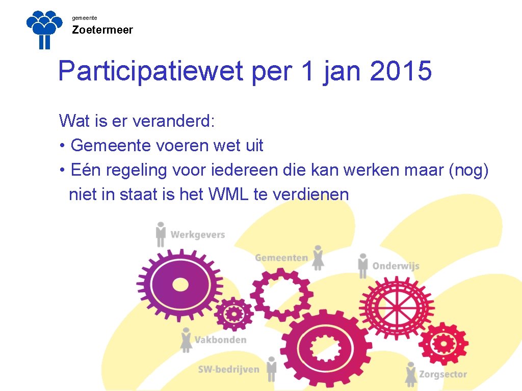 gemeente Zoetermeer Participatiewet per 1 jan 2015 Wat is er veranderd: • Gemeente voeren