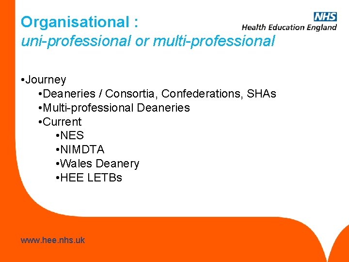 Organisational : uni-professional or multi-professional • Journey • Deaneries / Consortia, Confederations, SHAs •