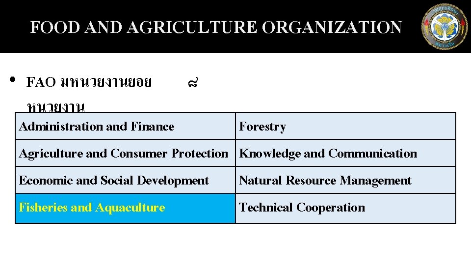 FOOD AND AGRICULTURE ORGANIZATION • FAO มหนวยงานยอย หนวยงาน ๘ Administration and Finance Agriculture and