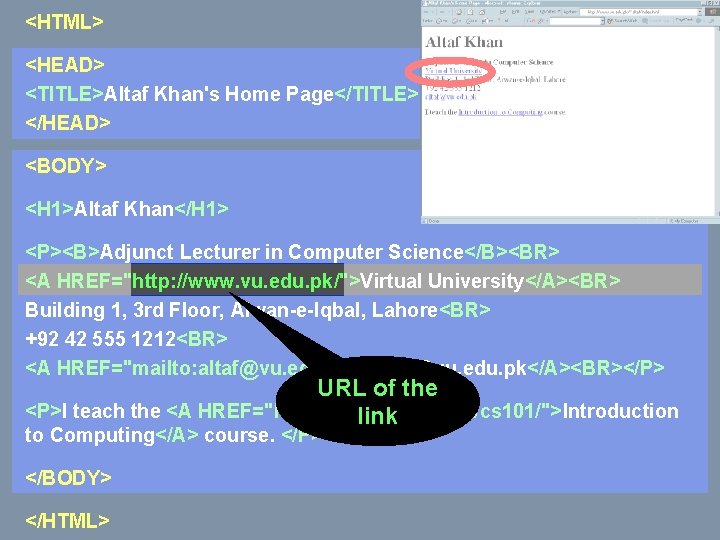 <HTML> <HEAD> <TITLE>Altaf Khan's Home Page</TITLE> </HEAD> <BODY> <H 1>Altaf Khan</H 1> <P><B>Adjunct Lecturer