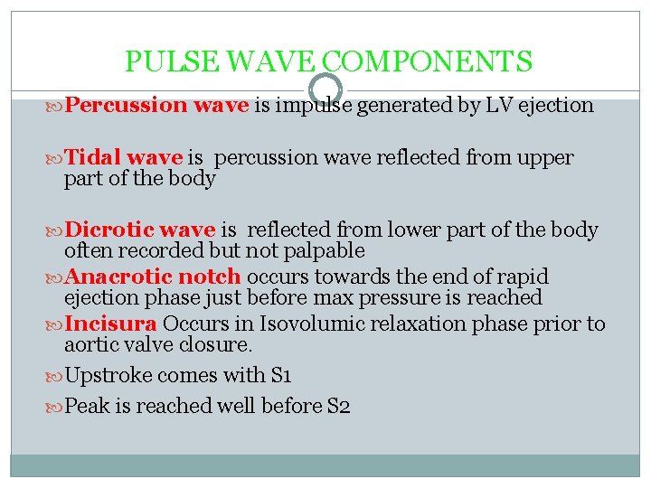 PULSE WAVE COMPONENTS Percussion wave is impulse generated by LV ejection Tidal wave is