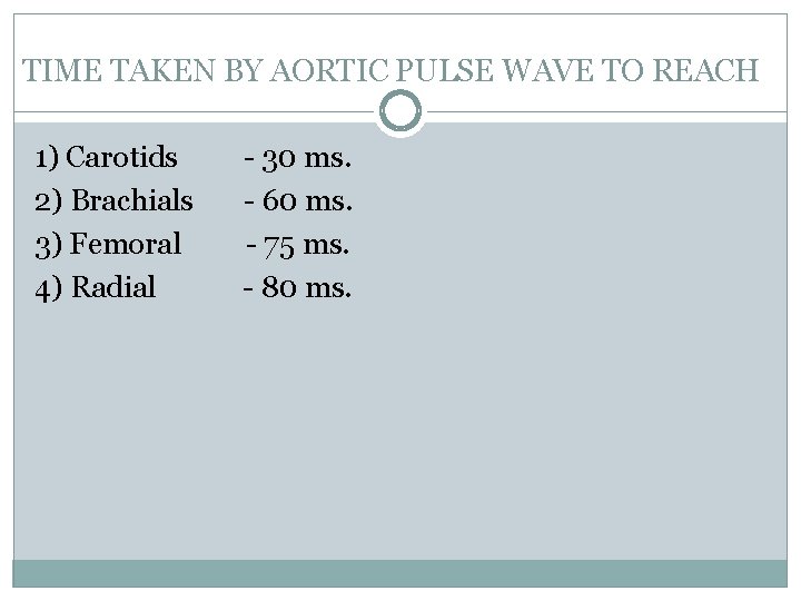 TIME TAKEN BY AORTIC PULSE WAVE TO REACH 1) Carotids 2) Brachials 3) Femoral