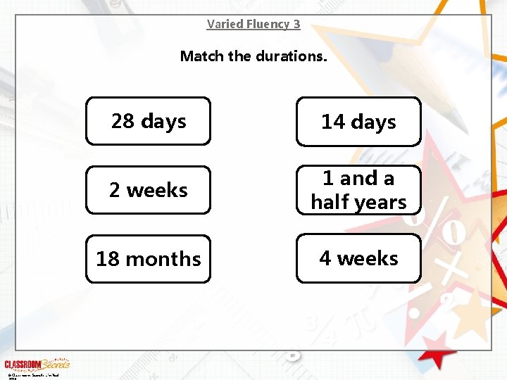 Varied Fluency 3 Match the durations. © Classroom Secrets Limited 28 days 14 days
