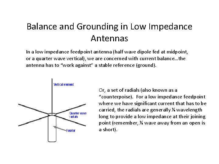 Balance and Grounding in Low Impedance Antennas In a low impedance feedpoint antenna (half