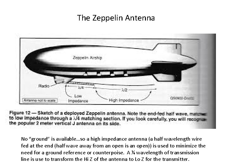 The Zeppelin Antenna No “ground” is available…so a high impedance antenna (a half wavelength
