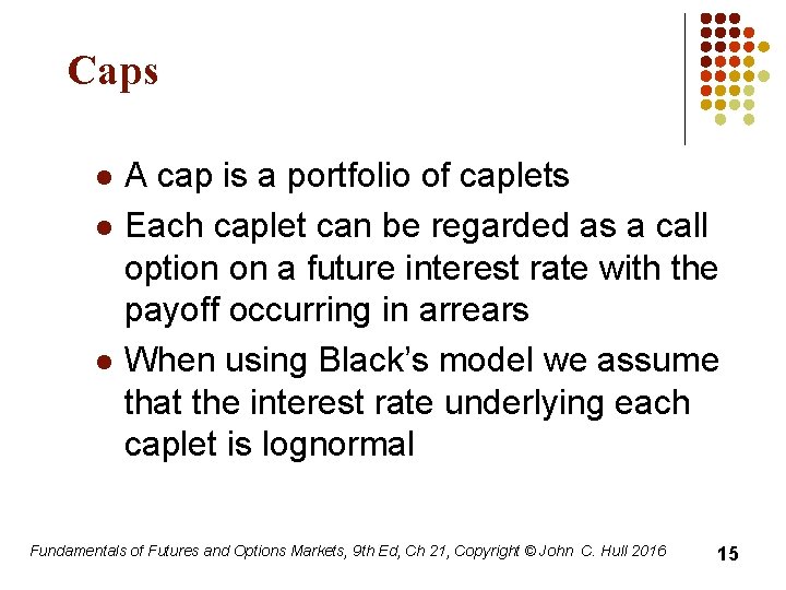 Caps l l l A cap is a portfolio of caplets Each caplet can