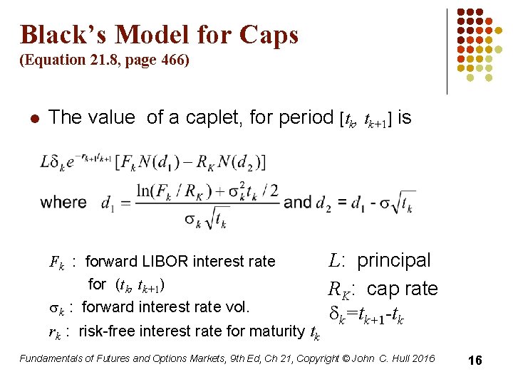 Black’s Model for Caps (Equation 21. 8, page 466) l The value of a