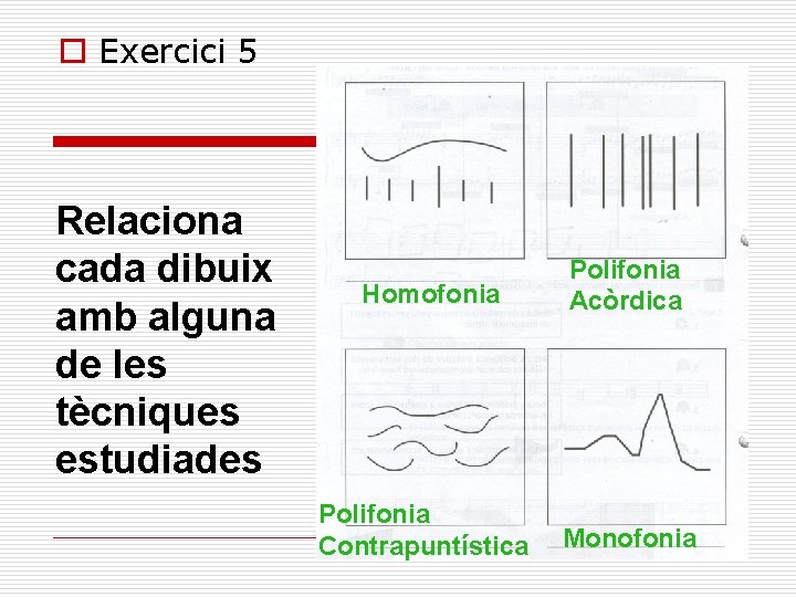 o Exercici 5 Relaciona cada dibuix amb alguna de les tècniques estudiades Homofonia Polifonia