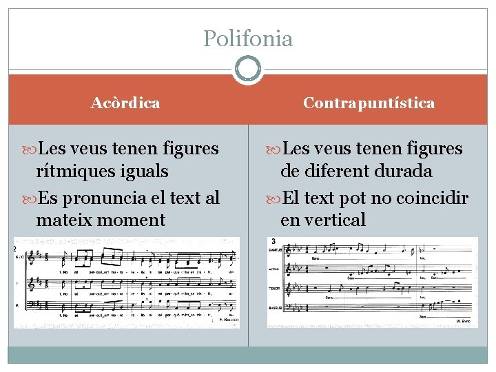 Polifonia Acòrdica Contrapuntística Les veus tenen figures rítmiques iguals Es pronuncia el text al