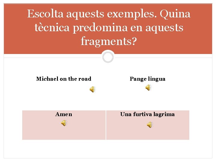 Escolta aquests exemples. Quina tècnica predomina en aquests fragments? Michael on the road Pange