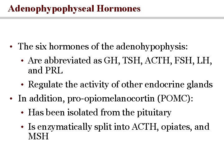 Adenophypophyseal Hormones • The six hormones of the adenohypophysis: • Are abbreviated as GH,