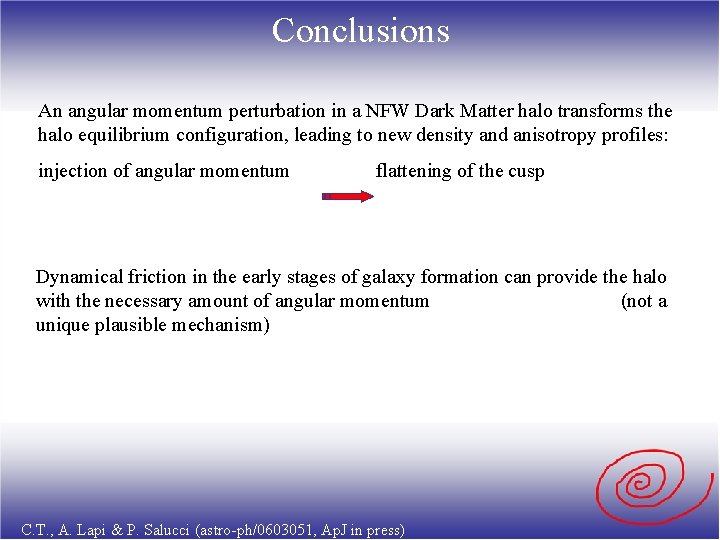 Conclusions An angular momentum perturbation in a NFW Dark Matter halo transforms the halo