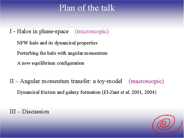 Plan of the talk I - Halos in phase-space (microscopic) NFW halo and its