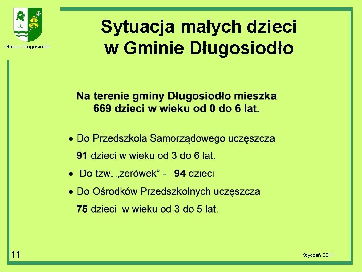 Gmina Długosiodło 11 Sytuacja małych dzieci w Gminie Długosiodło Styczeń 2011 