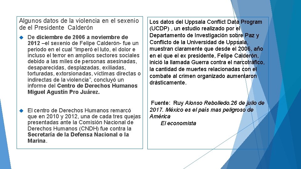 Algunos datos de la violencia en el sexenio de el Presidente Calderón De diciembre