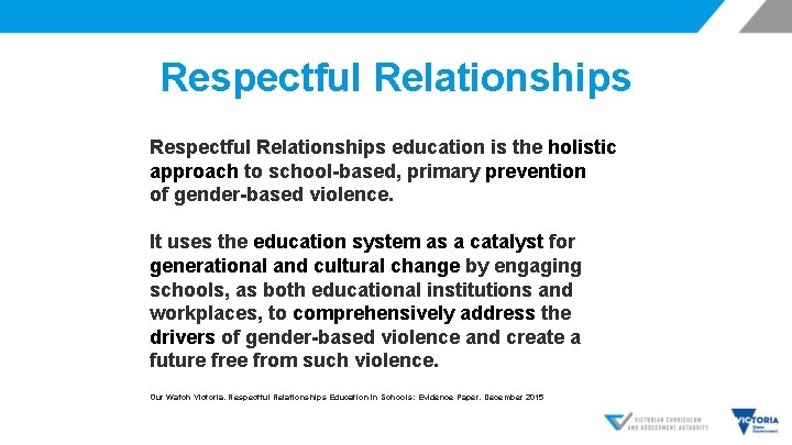 Respectful Relationships education is the holistic approach to school-based, primary prevention of gender-based violence.