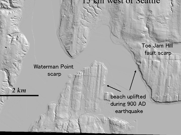 15 km west of Seattle Toe Jam Hill fault scarp Waterman Point scarp beach