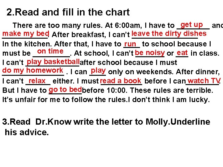 2. Read and fill in the chart get up and There are too many