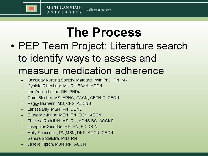 The Process • PEP Team Project: Literature search to identify ways to assess and