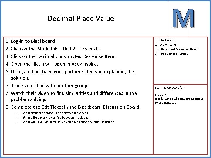 Decimal Place Value 1. Log-in to Blackboard 2. Click on the Math Tab—Unit 2—Decimals