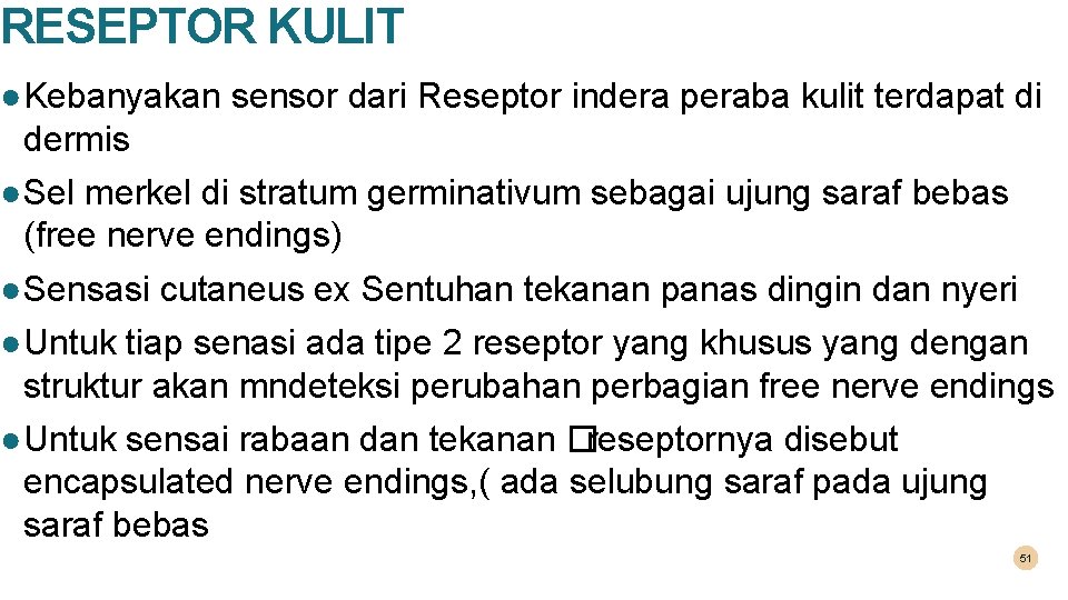 RESEPTOR KULIT ● Kebanyakan sensor dari Reseptor indera peraba kulit terdapat di dermis ●