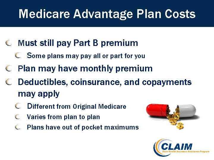 Medicare Advantage Plan Costs Must still pay Part B premium Some plans may pay