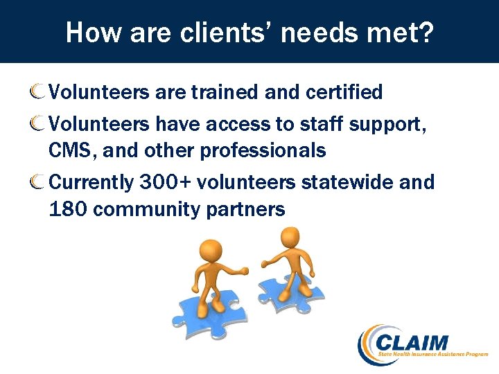 How are clients’ needs met? Volunteers are trained and certified Volunteers have access to