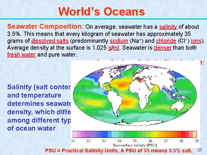 World’s Oceans Seawater Composition: On average, seawater has a salinity of about 3. 5%.