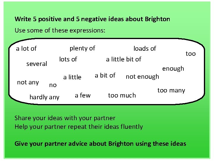Write 5 positive and 5 negative ideas about Brighton Use some of these expressions: