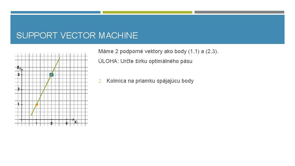 SUPPORT VECTOR MACHINE Máme 2 podporné vektory ako body (1, 1) a (2, 3).