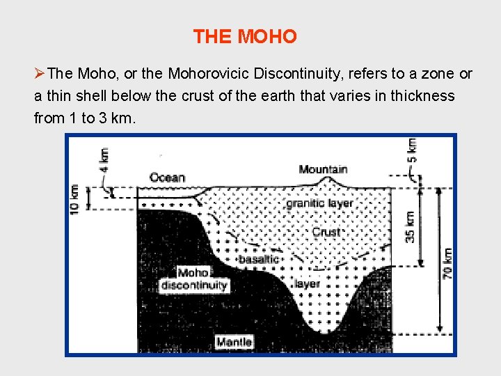 THE MOHO ØThe Moho, or the Mohorovicic Discontinuity, refers to a zone or a