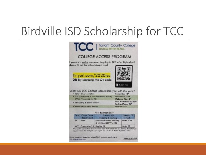 Birdville ISD Scholarship for TCC 