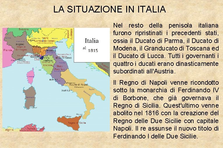 LA SITUAZIONE IN ITALIA Nel resto della penisola italiana furono ripristinati i precedenti stati,