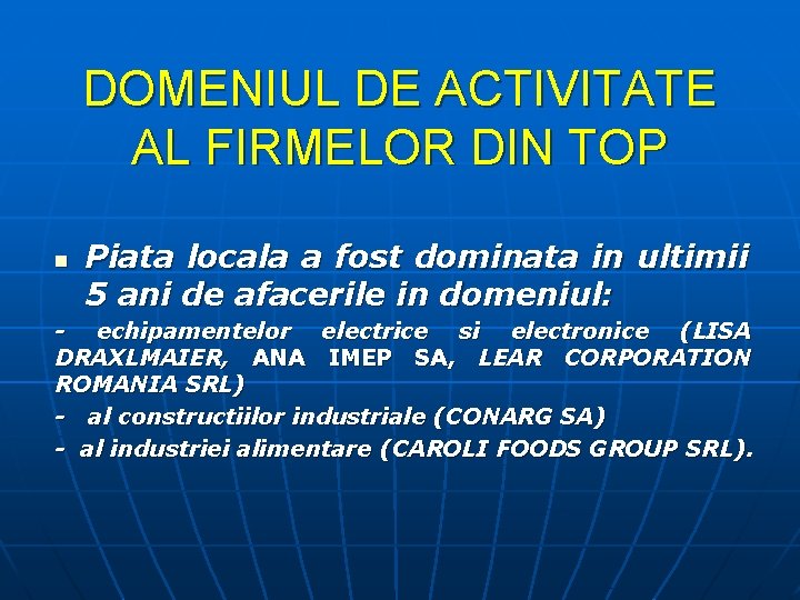 DOMENIUL DE ACTIVITATE AL FIRMELOR DIN TOP n Piata locala a fost dominata in