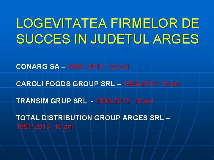 LOGEVITATEA FIRMELOR DE SUCCES IN JUDETUL ARGES CONARG SA – 1991 - 2013 :