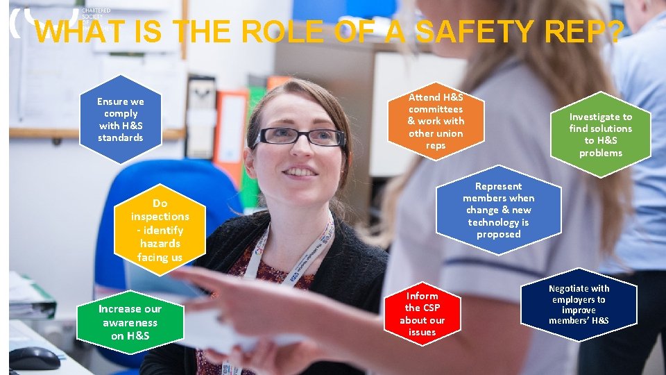 WHAT IS THE ROLE OF A SAFETY REP? Ensure we comply with H&S standards