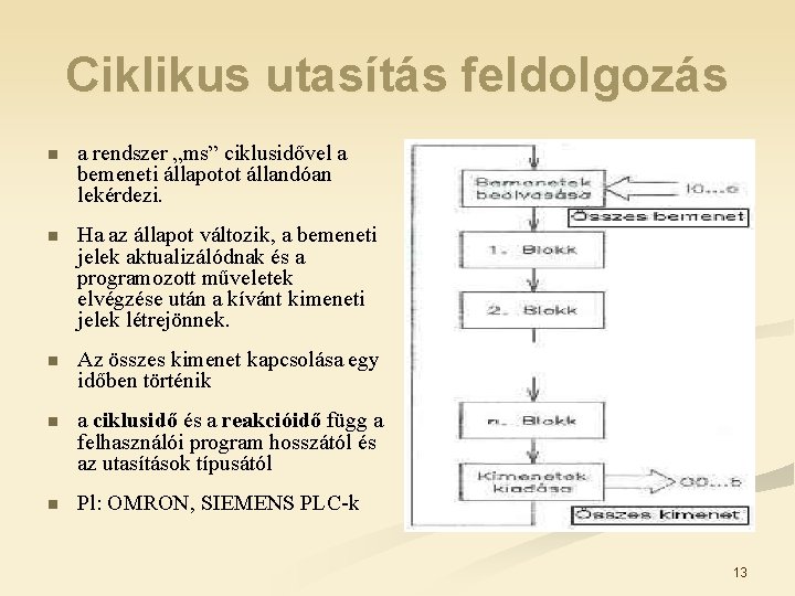 Ciklikus utasítás feldolgozás n a rendszer „ms” ciklusidővel a bemeneti állapotot állandóan lekérdezi. n